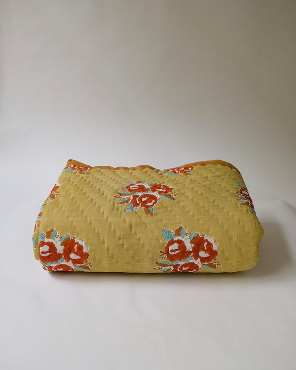 Sara - Hand Block-printed Reversible Quilt (Khaki Sage)