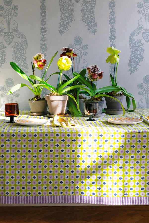 Gauri - Hand Block-printed Cotton Table Cloth (Electric Lime)