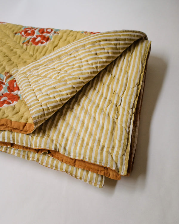 Sara - Hand Block-printed Reversible Quilt (Khaki Sage) - Pre-order