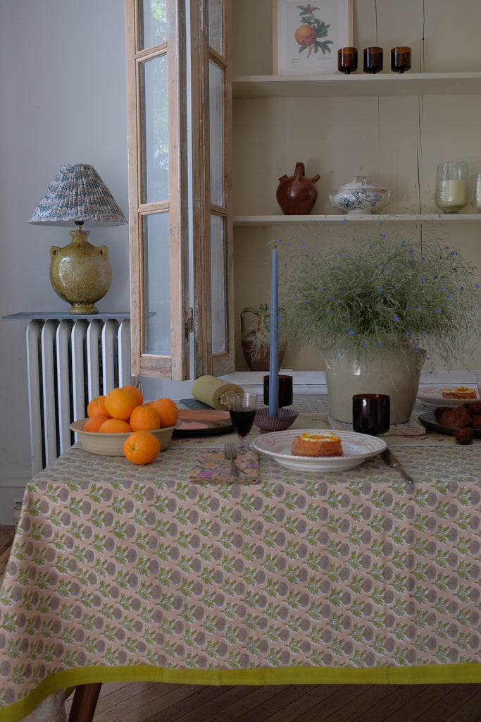 Sonya - Hand Block-printed Cotton Table Cloth (Rosewater)