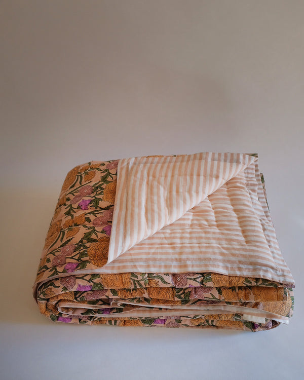 Nargis - Hand Block-printed Reversible Quilt (Old Rose)