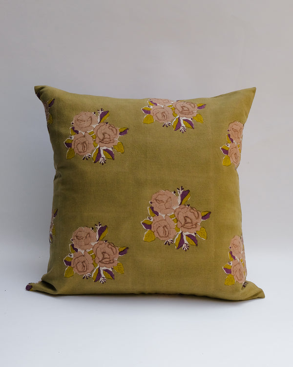 Sara - Hand Block-printed Linen Pillowcase (Olive)