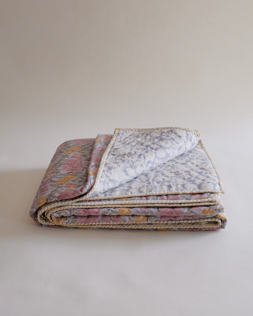 Nargis - Faded Hydrangea Blue - Hand Block-printed Reversible Quilt WP