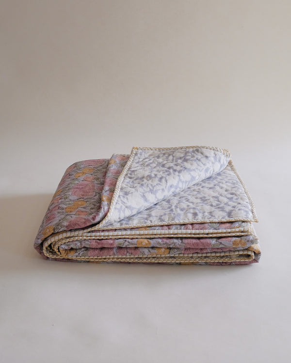 Nargis - Faded Hydrangea Blue - Hand Block-printed Reversible Quilt WP