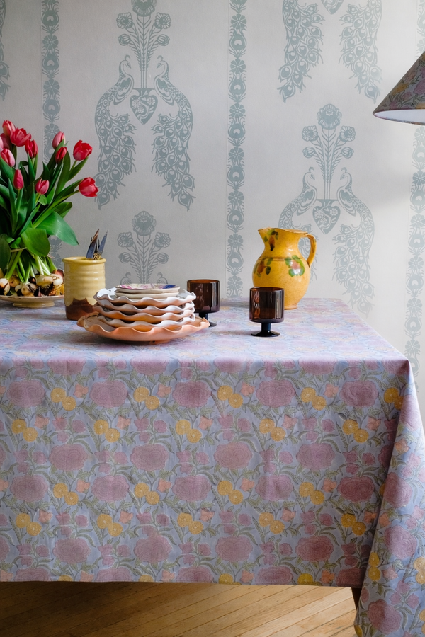 Nargis - Hand Block-printed Cotton Table Cloth (Faded Hydrangea Blue)