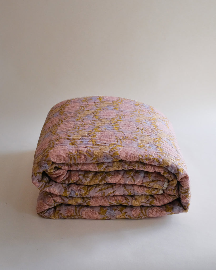 Nargis - Faded Mauve - Hand Block-printed Reversible Quilt WP