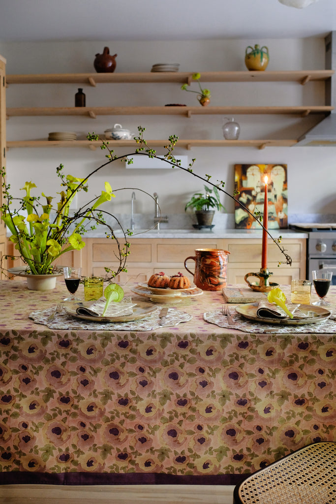 Riya - Hand Block-printed Cotton Table Cloth (Rosewater)