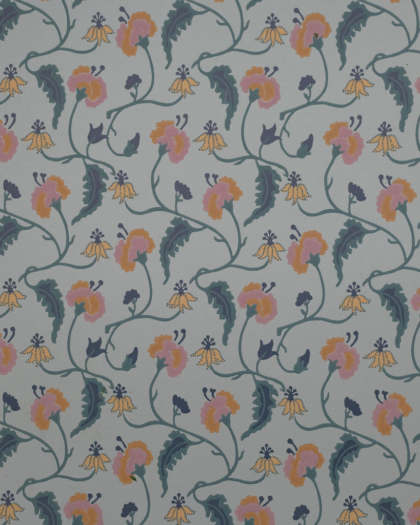 A repeating floral pattern on a muted gray background, featuring pink and orange flowers with dark green leaves and stems.