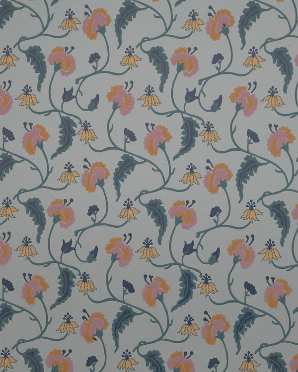 A repeating floral pattern on a muted gray background, featuring pink and orange flowers with dark green leaves and stems.