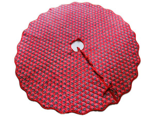 Sonya - Hand Block-printed Quilted Christmas Tree Skirt (Red)