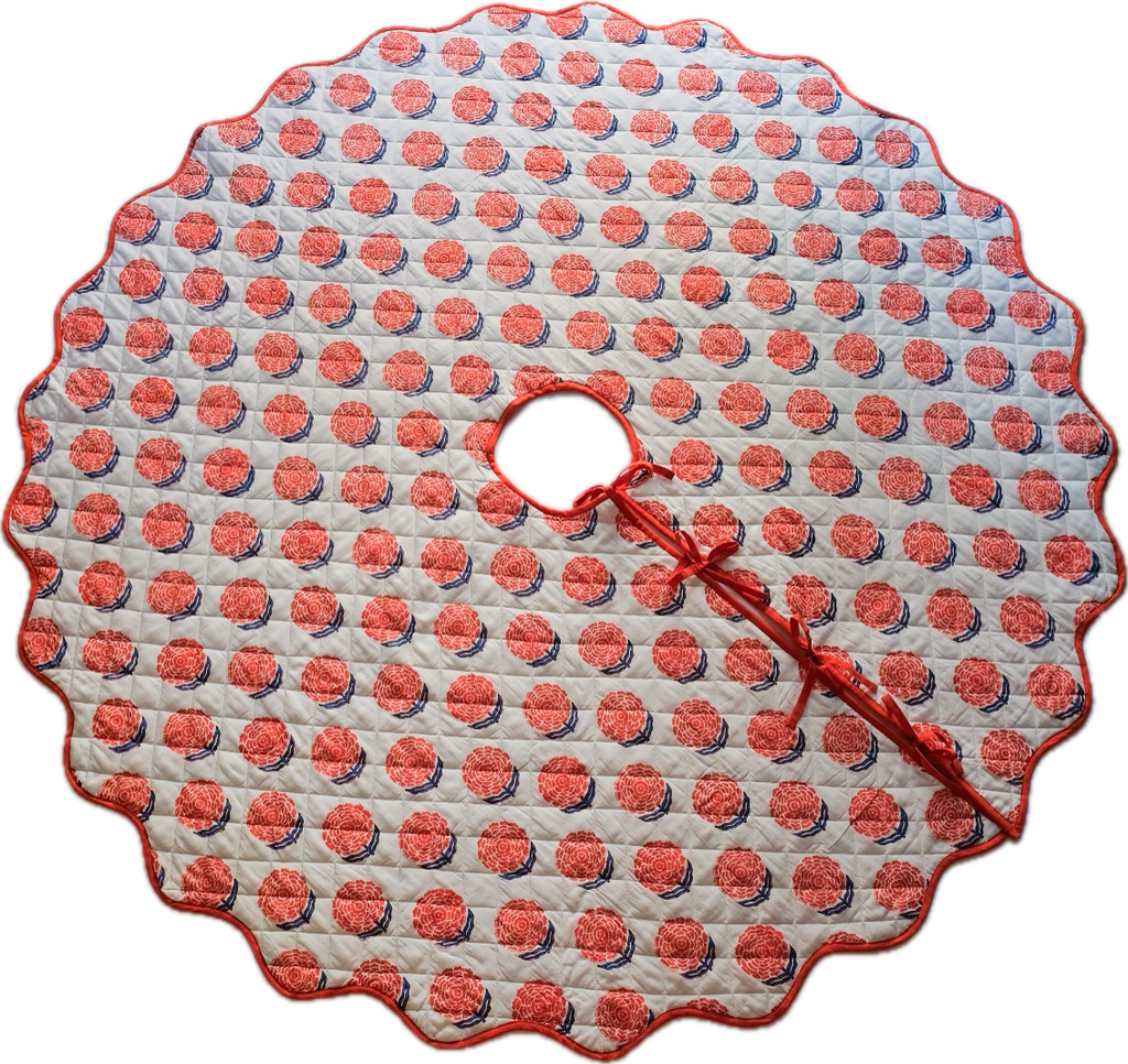 Alisha - Hand Block-printed Quilted Christmas Tree Skirt (Tomato Red)